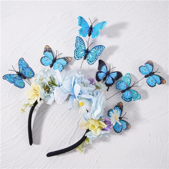 Blue Butterfly Flower Headband | Monarch Fascinator, Floral Crown for Women - Picture 4 of 5